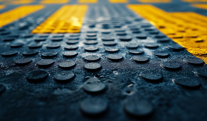A close up of a black and yellow surface with a yellow line. The surface is made up of small, round, black and yellow tiles