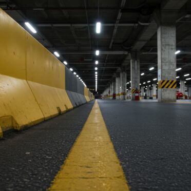 This image features the interior of a parking structure with prominent yellow concrete barriers lining the left side. A solid yellow line is painted on the asphalt surface, guiding traffic. The space is illuminated by fluorescent lighting fixtures, creating a somewhat industrial atmosphere. The composition emphasizes perspective, drawing the viewer's eye into the depth of the structure. This image could be suitable for illustrating urban planning, infrastructure, or transportation-related content, and can be used to depict parking safety or construction zones.