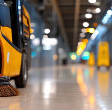 The lower front section of a bright yellow industrial floor cleaning machine is prominently featured, with its sturdy brown rotating brush actively engaged on a highly polished, light-colored floor. The image utilizes a shallow depth of field, blurring the background into a series of colorful, out-of-focus lights and indistinct safety signs, suggesting a vast indoor space like a public hall or commercial facility. This composition highlights the efficiency and power of modern cleaning technology, suitable for contexts related to facility maintenance, hygiene standards, or operational efficiency in large-scale environments.