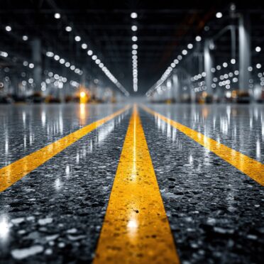 A photorealistic 8k commercial advertising quality image. A wide-angle view from a low perspective of bright yellow industrial safety lines on a polished concrete warehouse floor, converging sharply towards a distant, softly lit wall. Shot with a 24mm f/2.8 lens, utilizing directional overhead fluorescent lighting to emphasize the geometric patterns and strong shadows. No humans. --chaos 25 --ar 16:9 --raw --stylize 300 --v 7 Job ID: 5cc928b9-6d38-43ac-a203-70c681470410